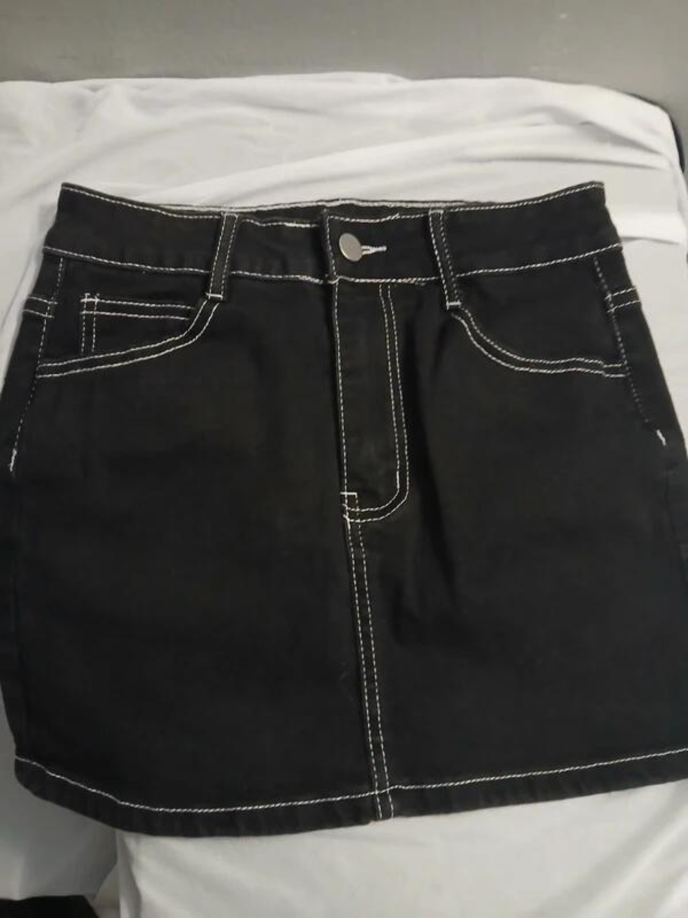Black Contrast-Stitch Denim Mini Skirt